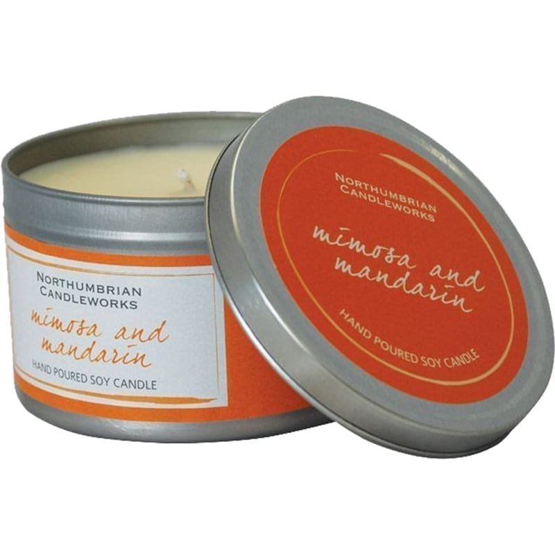 Northumbrian Mimosa & Madarin Scented Candle Tin 30 Hours Burn Time Soy Wax 