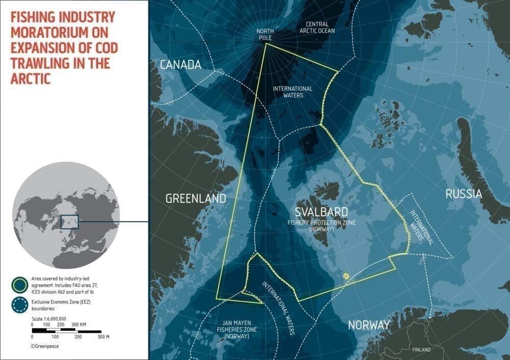 Map of the area of northern Barents Sea including the waters around Svalbard where some of the world's largest seafood and fishing companies have committed not to expand their search for cod into.