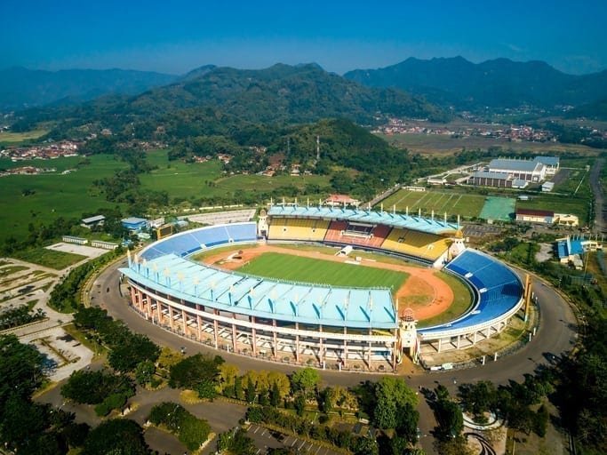 Soreang Bandung, West Java / Indonesia - June 28, 2018: Aerial View of Si Jalak Harupat Football / Soccer Stadium in the Morning with Blue Sky, Official Venue Asian Games 2018