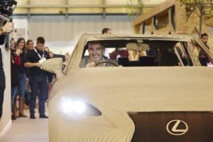 Kev M celebrates a decade of Grand Designs Live by entering the show in the world's first drivable origami-inspired car, commissioned by Lexus at the NEC, Birmingham.