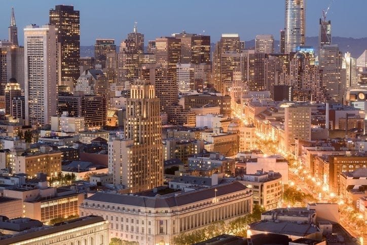Aerial View of San Francisco Downtown and Market Street at Dusk