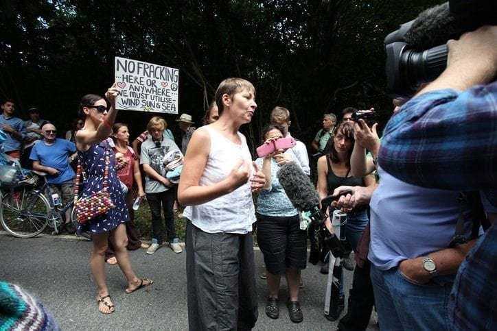 Caroline Lucas at an anti-fracking protest in Balcombe