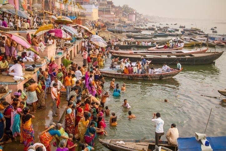 Hindu pilgrims take holy bath in the River Ganges, Varanasi