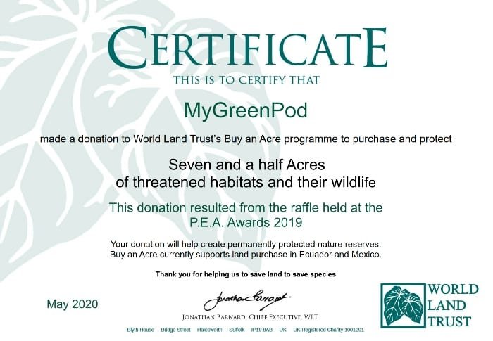 My Green Pod's World Land Trust certificate