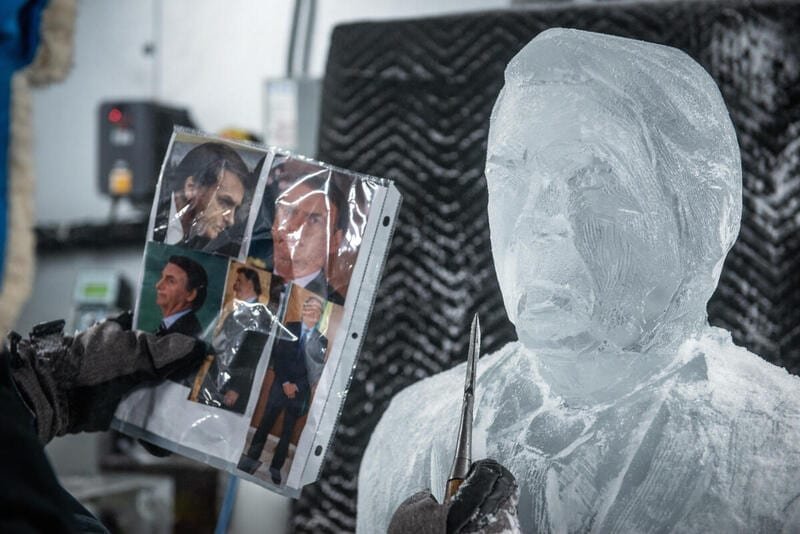 Ice Sculptures of Melting Leaders Trump and Bolsonaro in New York