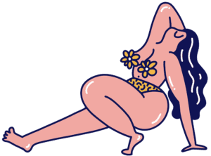 Illustration of person in a bikini holding hair