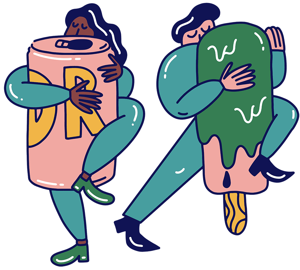 illustration of people hugging a drinks can and ice lolly