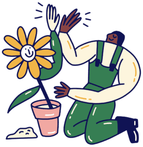 Illustration of person planting a sunflower and giving it a high five