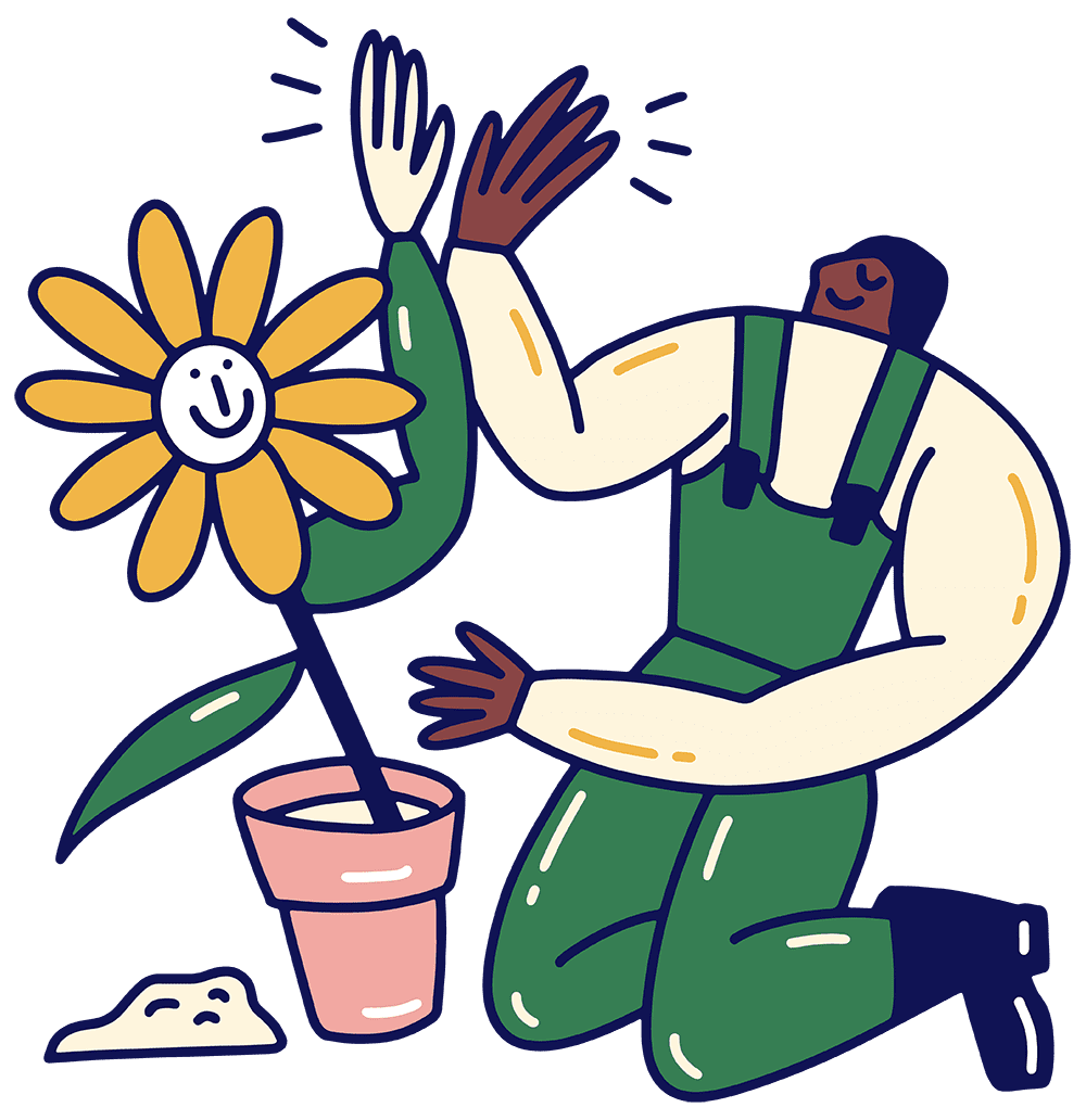 Illustration of person planting a sunflower and giving it a high five