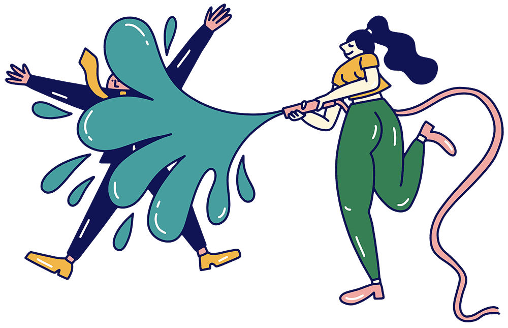 Illustration of a person soaking another with a water hosepipe