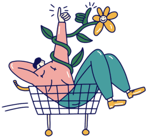 Illustratrion of person in cart with vine and flower wrapped around their arm, giving a thumbs up