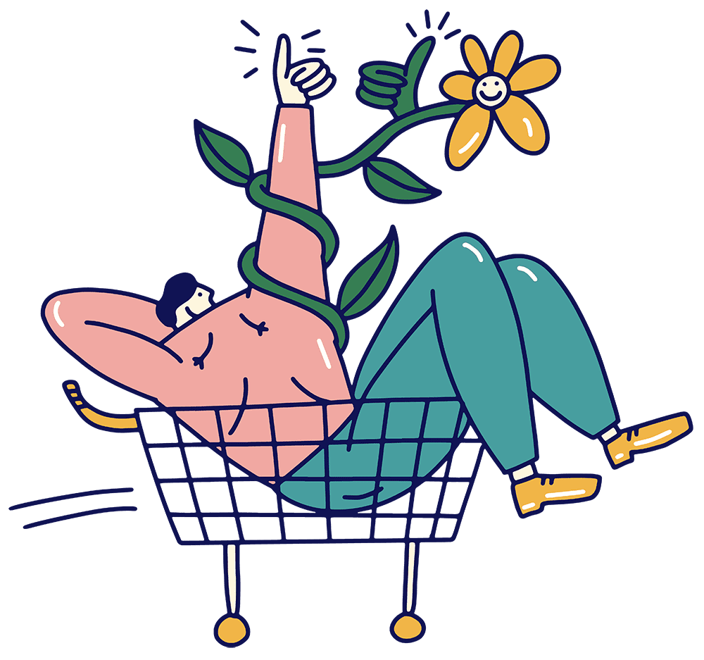 Illustratrion of person in cart with vine and flower wrapped around their arm, giving a thumbs up