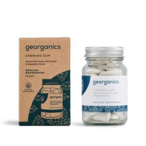 Georganics Natural Chewing Gum - English Peppermint Product And Packaging
