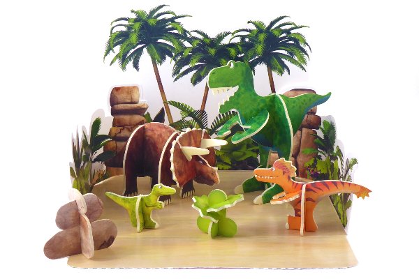 The constructed Dinosaur Roar! buildable playset from Playpress, made from sustainable playboard