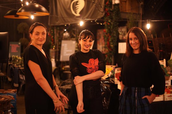 Gizzi Erskine (c) with Kate Cawley (l) and environmental campaigner Lucy Siegle