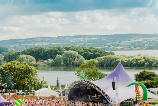 The view down the Valley Fest festival site, overlooking Chew Valley Lake