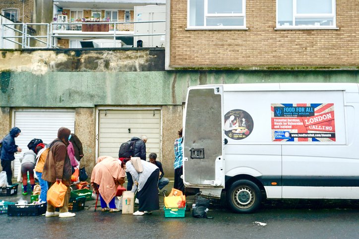A charity food van distributes food to the vulnerable and isolated during the Covid-19 pandemic in London