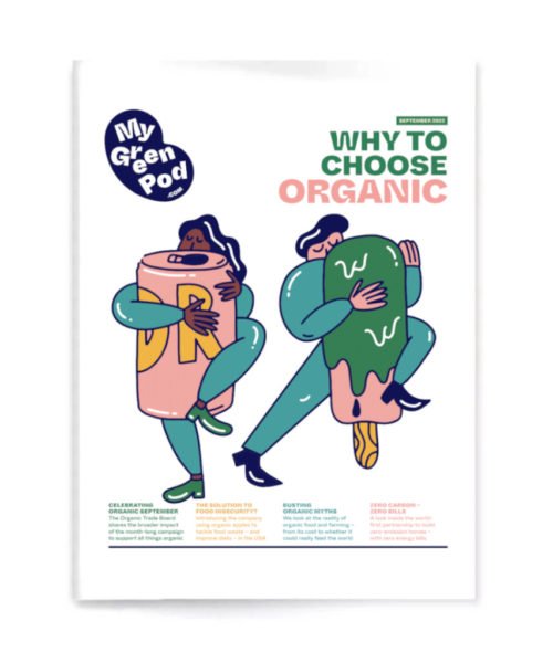 My Green Pod Magazine front cover for September 2022 - Illustration of two people hugging a drink carton and ice lolly
