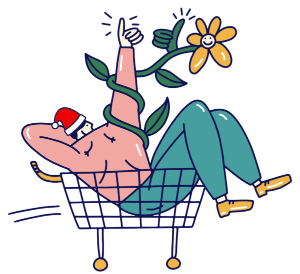 Illustration of person in a trolley wearing a red santa hat