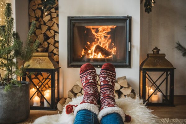 Lazy winter day in front of fire in fireplace