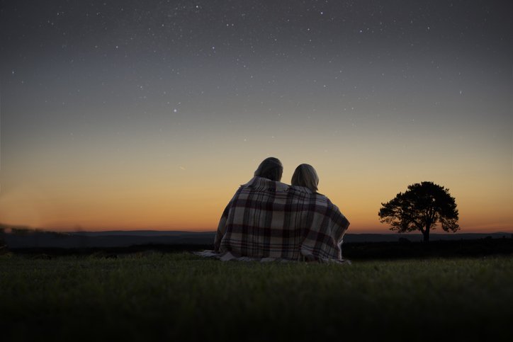 A couple sitting wrapped in a blanket looking at the night sky full of stars.