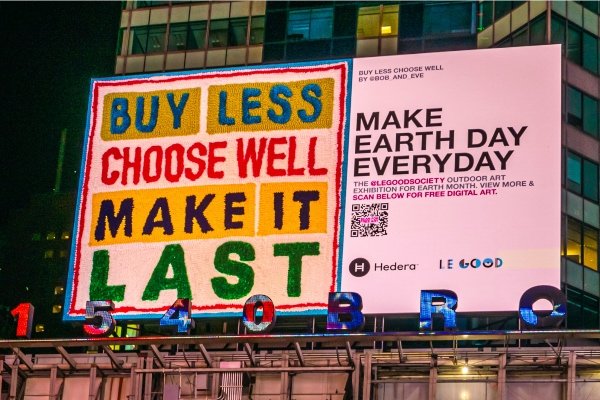 Billboard in Times Square, featuring Bob and Eve artwork for Earth Day