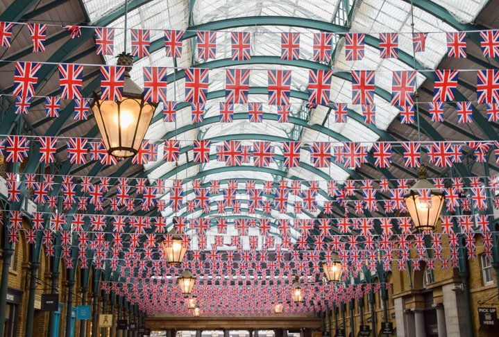 Thousands of Union Jacks decorate Covent Garden Market ahead of the coronation of King Charles III