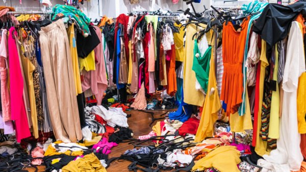 Colourful garments on racks and on the floor; fast fashion
