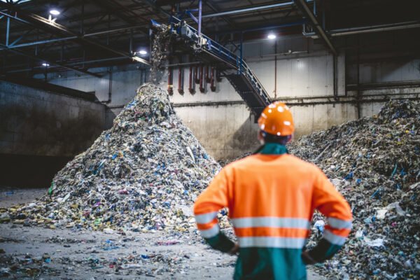 Rear view of young male worker in helmet, pollution mask and reflective clothing observing waste falling from conveyor belt on to pile at facility
