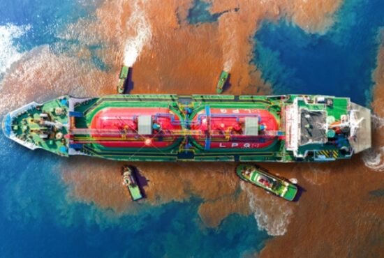 Aerial view of oil leak from ship