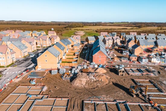 Drone view of new housing development being built in the UK