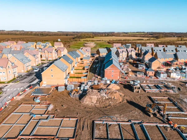 Drone view of new housing development being built in the UK