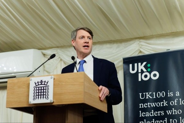 Chris Skidmore OBE speaking at the UK100 parliamentary reception in March, 2023