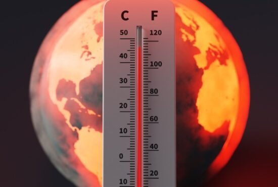Earth experiencing extreme high temperatures and a thermometer showing high temperatures
