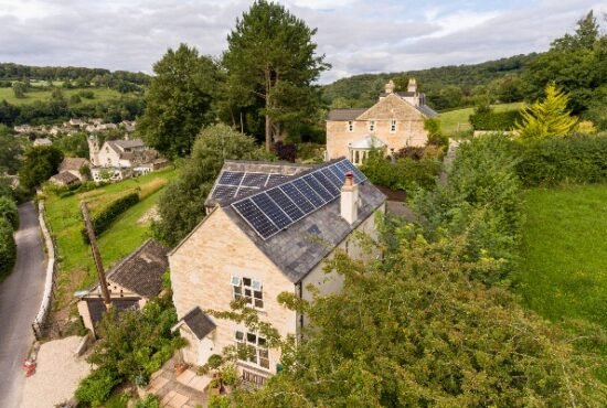 Solar panels on a roof in the Cotswolds