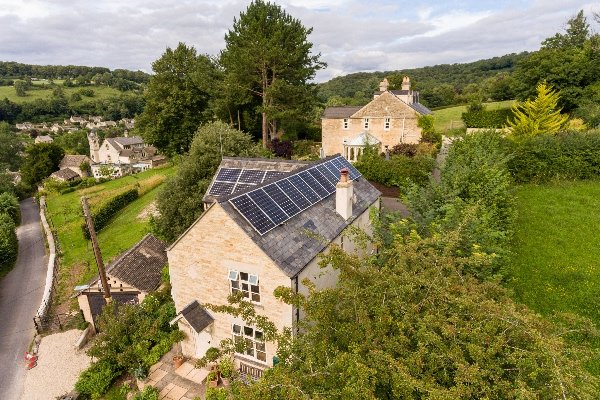 Solar panels on a roof in the Cotswolds