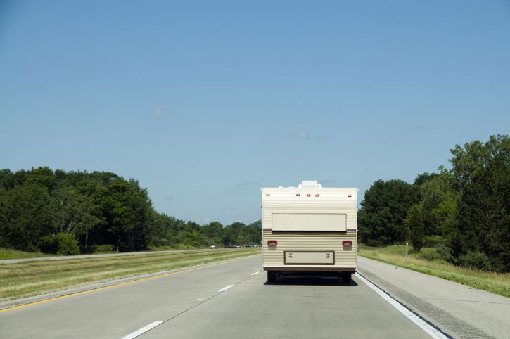 Rear view of an RV on the highway