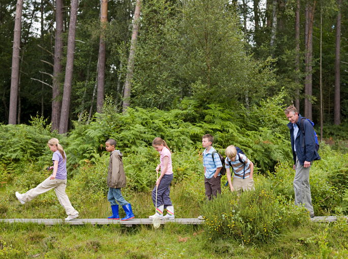 Teacher and pupils on field trip