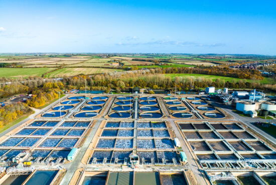Aerial photo of purification tanks of modern wastewater treatment plant
