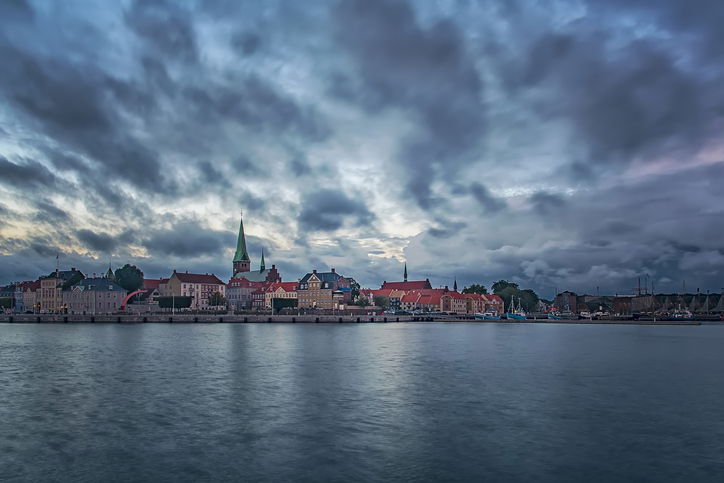 A long exposure image of the city of Helsingor in Denmark from across the harbour.