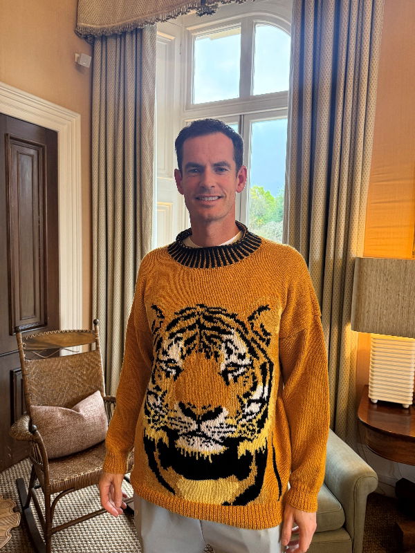 Andy Murray wearing his tiger jumper for WWF's Knit for Nature campaign