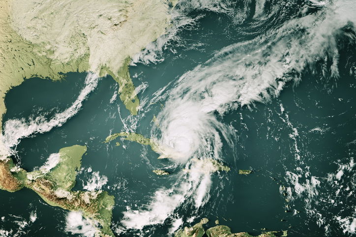 Topographic Map of the Caribbean Sea with the clouds from October 29, 2025. Category 5 Major Hurricane Melissa approaching the Bahamas.
