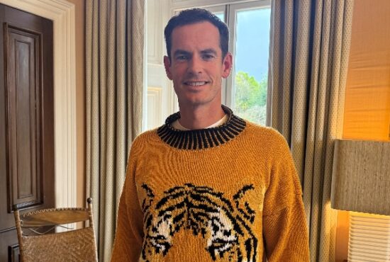 Andy Murray wearing his tiger jumper for WWF's Knit for Nature campaign