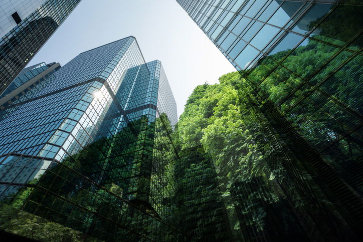 Green trees and office buildings