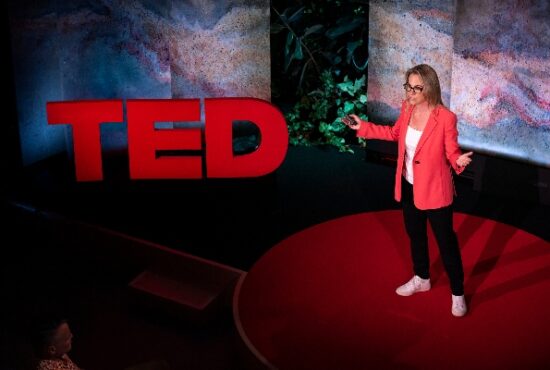 Tessa Clarke, co-founder and CEO at Olio, at her TED talk, 'The Surprising Climate Benefits of Sharing Your Stuff'. Credit Gilberto Tadday and TED